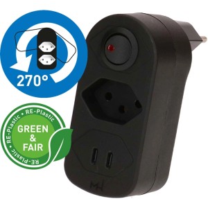 Schwarzer Max Hauri Zwischenstecker Adapt, drehbar, mit T13 Steckdose, 2 USB-C Ports und beleuchtetem Schalter.