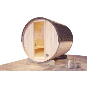 Sauna tonneau FinnTherm Mini S en épicéa avec porte en verre et toit noir pour 4 personnes max.