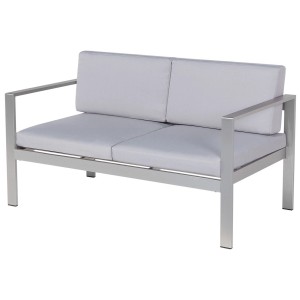 Banc de jardin Beliani Salerno en métal gris clair avec coussins pour 2 personnes.